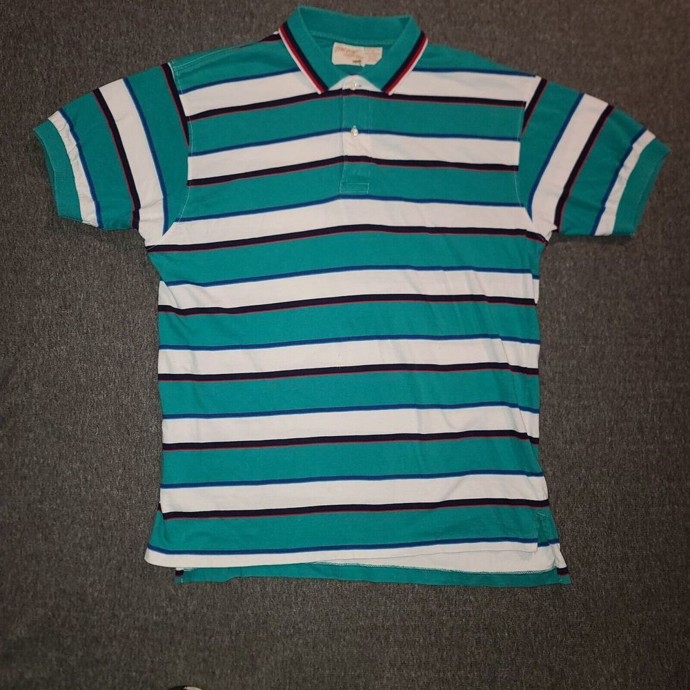 The Fox Collection Polo Shirt Mens XL Teal Green Striped Cotton Short Sleeve Vtg